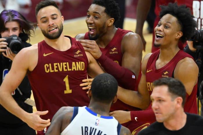 Feb 27, 2024; Cleveland, Ohio, USA; Cleveland Cavaliers guard Max Strus (1) celebrates after hitting a last-second, game-winning three-point basket in the fourth quarter against the Dallas Mavericks at Rocket Mortgage FieldHouse. Mandatory Credit: David Richard-USA TODAY Sports